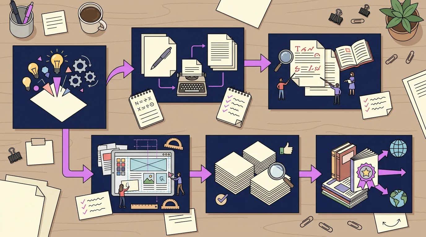 Schematische Darstellung eines redaktionellen Arbeitsflusses mit Notizen, 1200x900 Pixel