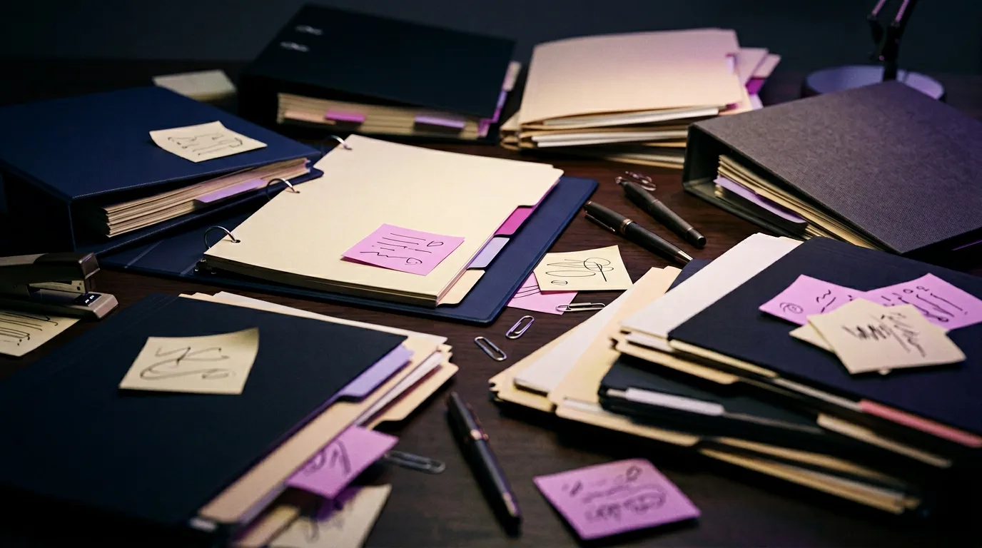 Übersicht geöffneter Unterlagen und Stichworte zu Versicherungsthemen, Hero Materialien, 1920x1080 Pixel